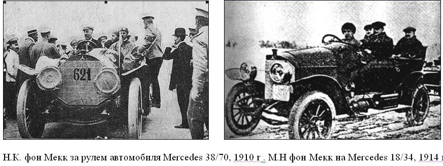 Н.К. фон Мекк за рулем автомобиля Mercedes 38/70 (1910 г.), М.Н. фон Мекк на автомобиле
Mercedes 18/34 (1914 г.)